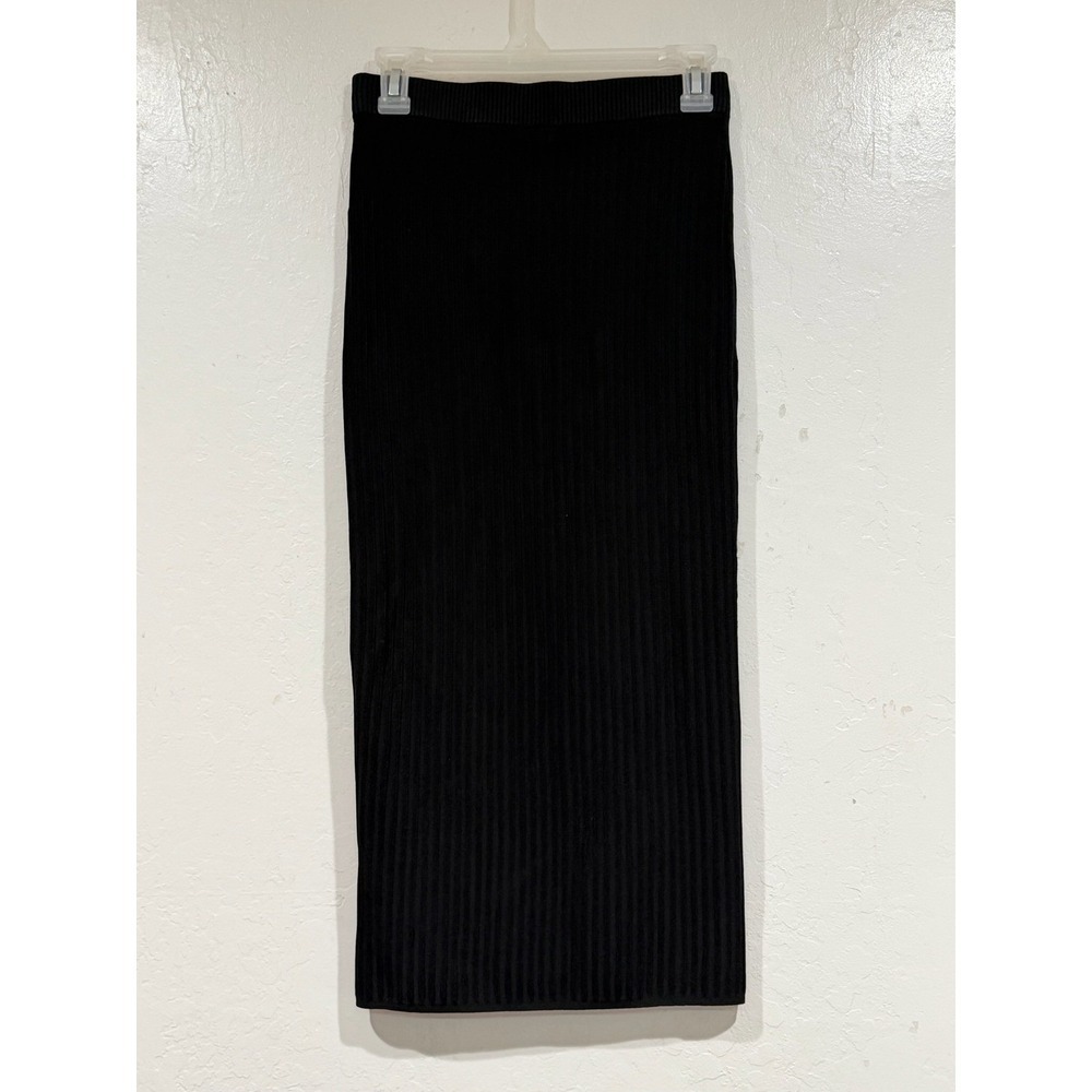 Reiss Iona Black Ribbed Knit Midi Skirt Size Medium Pleated Elastic Waist - Picture 3 of 8